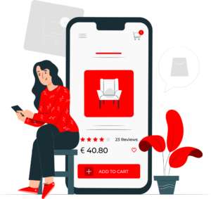 Illustration of a woman shopping online on a large smartphone screen, featuring a red chair image, rating stars, price, and an “Add to cart” button; concept: web designers and ecommerce.