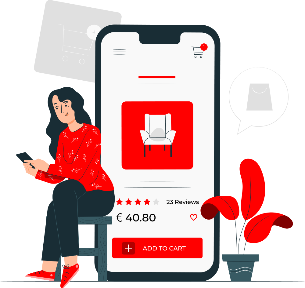 Illustration of a woman shopping online on a large smartphone screen, featuring a red chair image, rating stars, price, and an “Add to cart” button; concept: web designers and ecommerce.