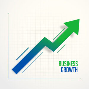 A rising green arrow on a grid background symbolises business growth, with the phrase “BUSINESS GROWTH” in bold green and blue text, hinting at web designers.