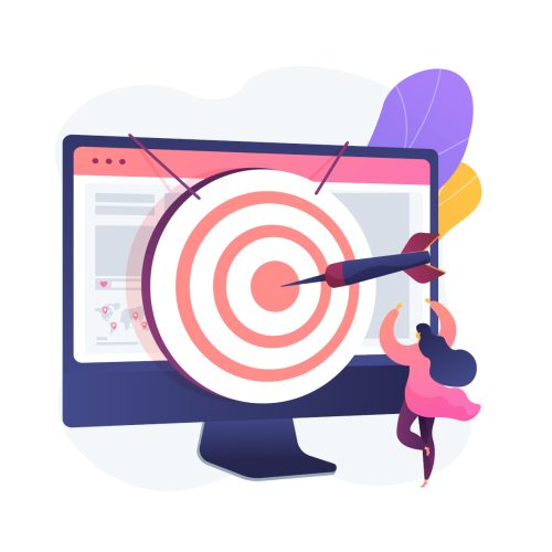 Focus group business research. Data analytics company profitable strategy planning. Dartboard on computer monitor. Corporate goals and achievements. Vector isolated concept metaphor illustration